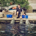 Coach gives instructions to dolphins with whistle